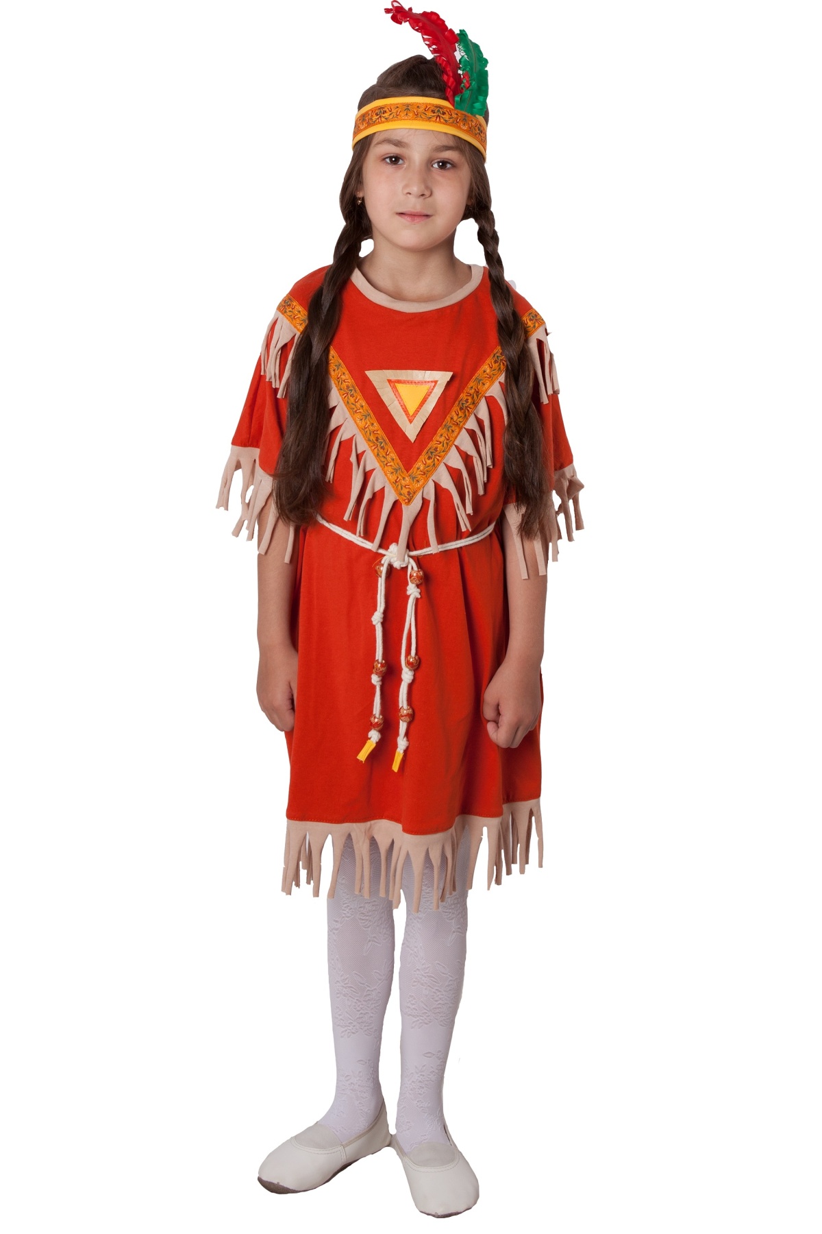 Костюм индейца (девочка): платье, головной убор, веревочный поясок